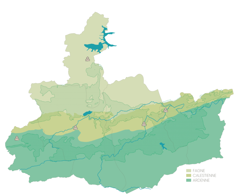 Carte de l’étendue du Parc National de l’Entre-Sambe-et-Meuse divisé en 3 zones distinctes : la Fagne au Nord, la Calestienne au centre et l’Ardenne au Sud.